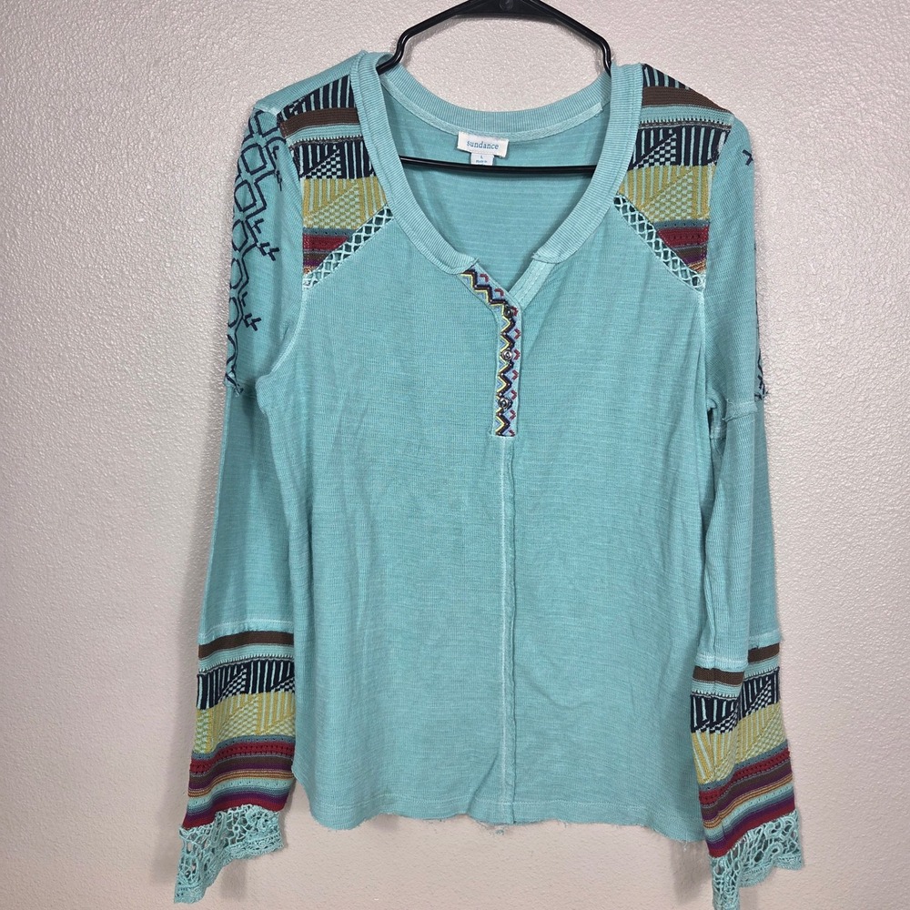 Sundance Women's L Turquoise Embroidered Mixed Media Boho Top Crochet Cuffs